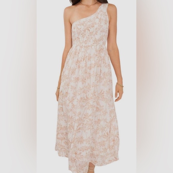 1. State Floral Print Dress in Cream and Brown vacation one shoulder